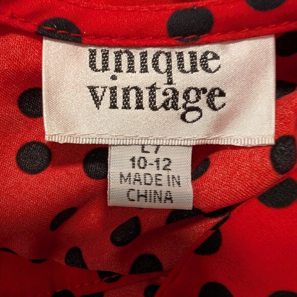 Unique Vintage Womens Size L/10-12 Red Black Polka Dot Bow Tie Midi Swing Dress - Picture 10 of 11